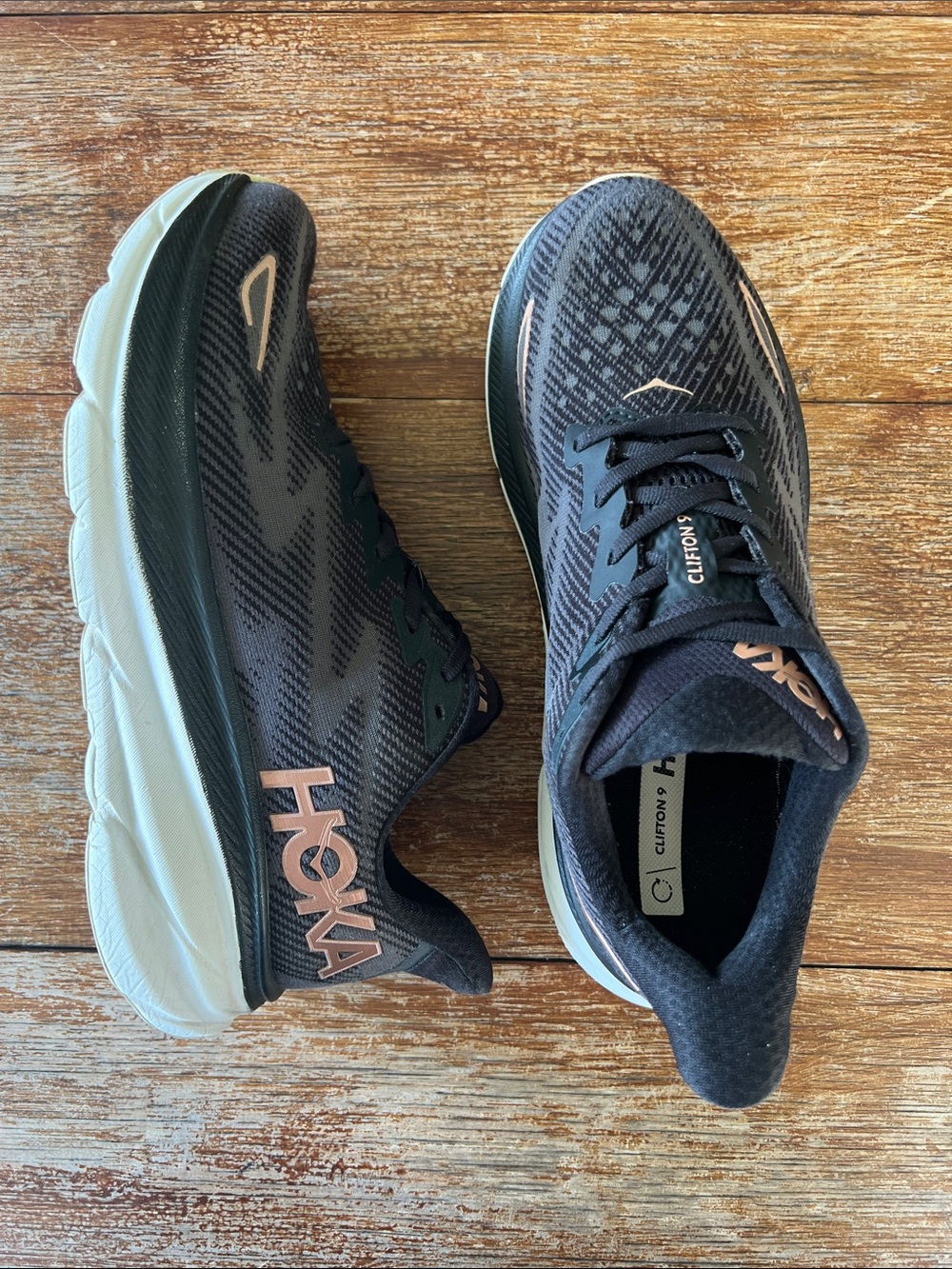 Hoka Clifton 9 Black Rose Gold Running Shoes Womens Size 10B BRGL 1127896